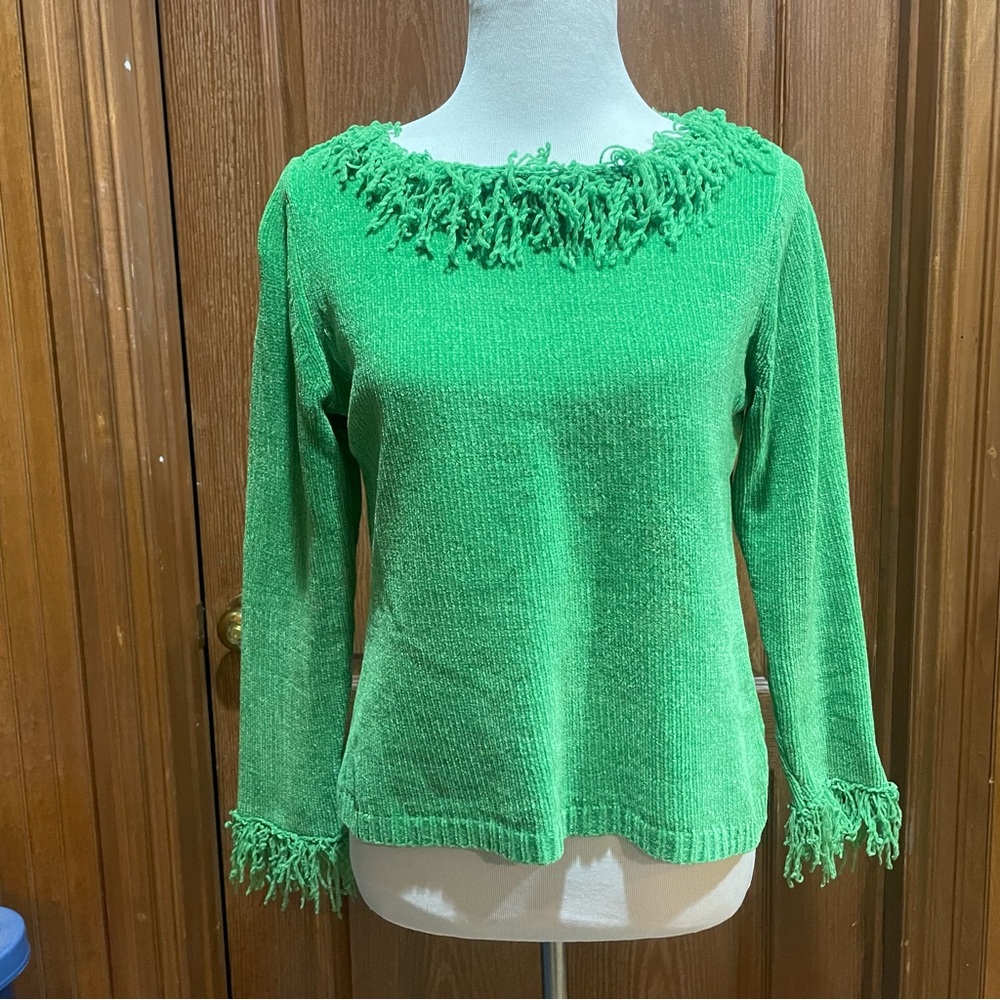 Designers Originals Studios Vibrant Green Fringed Sweater Soft Cozy Casual Small